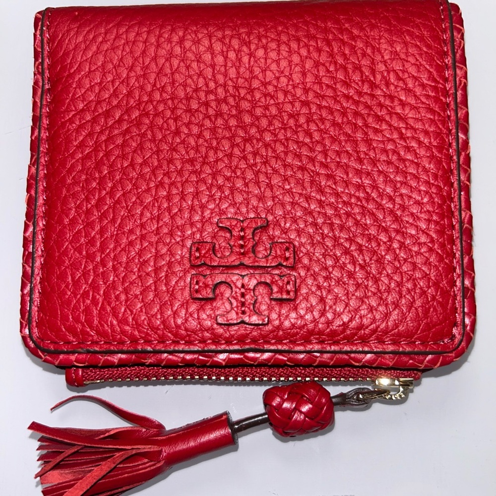 Tory Burch Red Pebbled Leather Zip Card Holder with Tassel